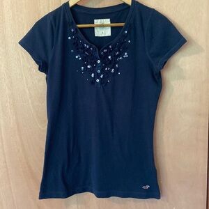 Hollister Medium Navy Blue Short Sleeved Tee Ruffles Sequins Four Button V-Neck